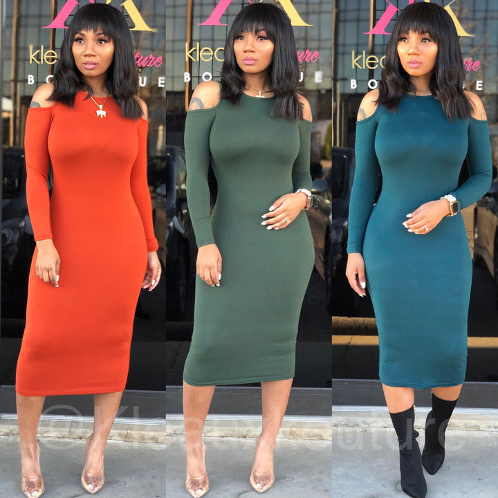 Open Shoulder Basic Midi Dress