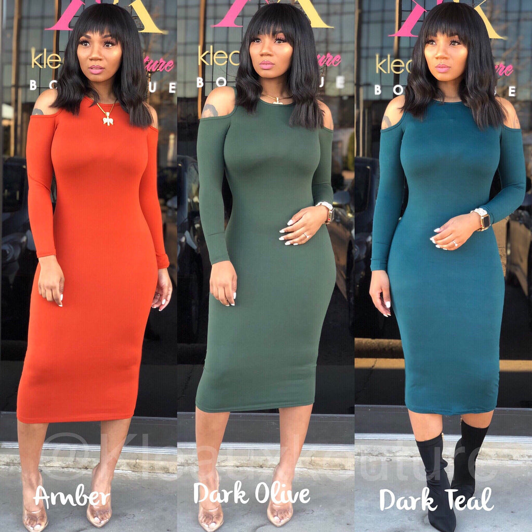 Open Shoulder Basic Midi Dress